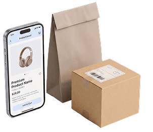 Phone storefront beside shipping packages