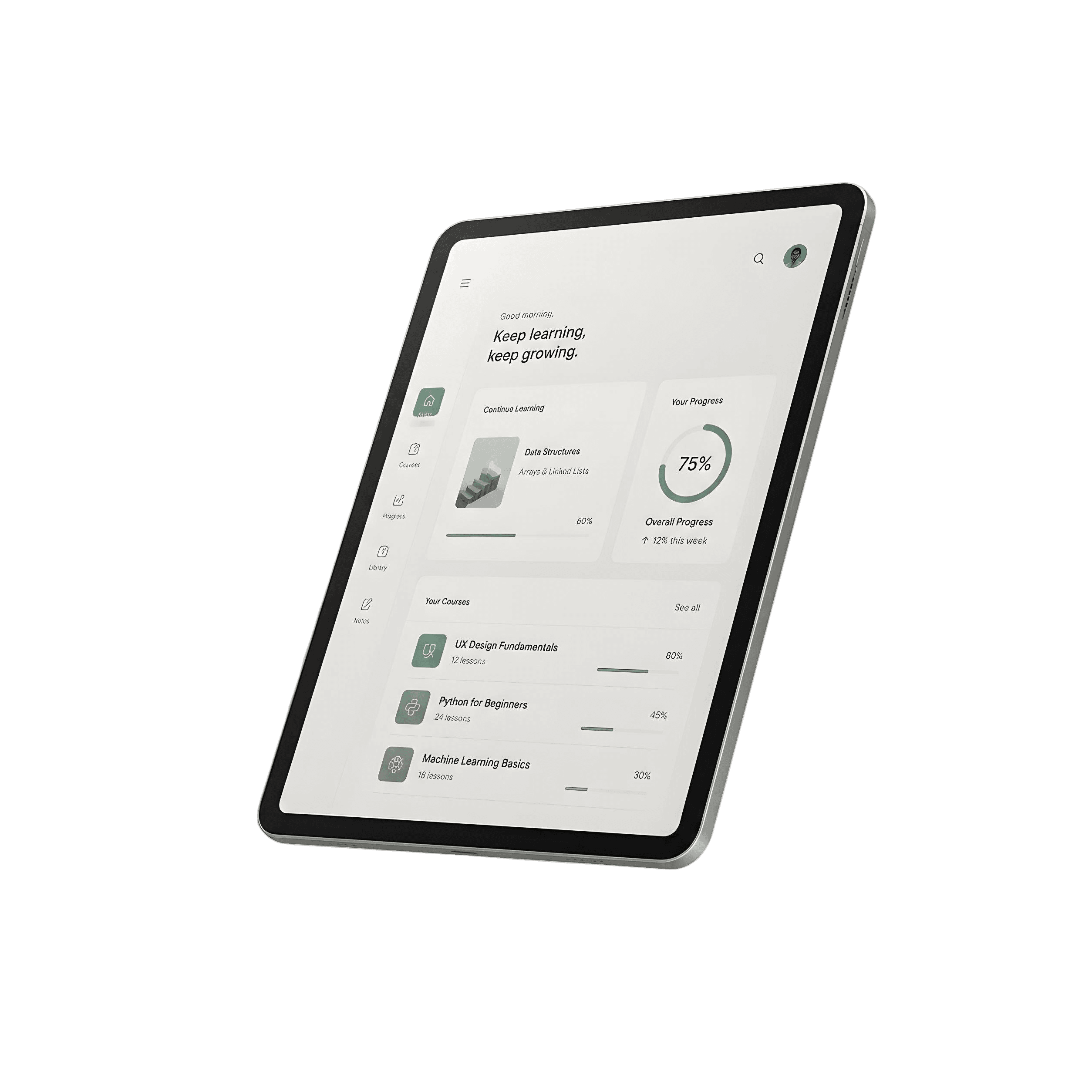 Tablet showing a learning dashboard at an angle